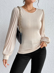 Pleated Solid Color Split-Joint Long Sleeves Loose Round-Neck T-Shirts Tops