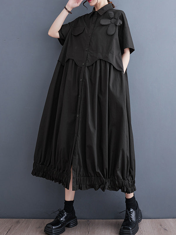 Elasticity Pleated Split-Joint Loose Short Sleeves Lapel Midi Dresses