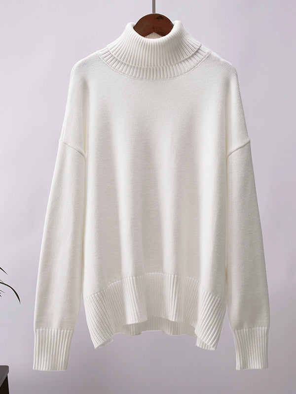 Solid Color Split-Joint High-Low Long Sleeves High Neck Sweater Tops