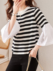 Pleated Split-Joint Striped Flared Sleeves Long Sleeves Round-neck T-Shirts Tops