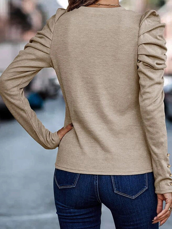 Buttoned Pleated Bishop Sleeve Long Sleeves Round-neck T-Shirts Tops
