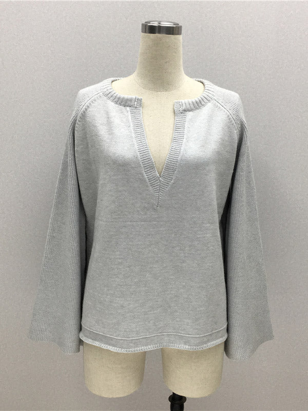 Casual Long Sleeves Loose Solid Color V-Neck Sweater Tops