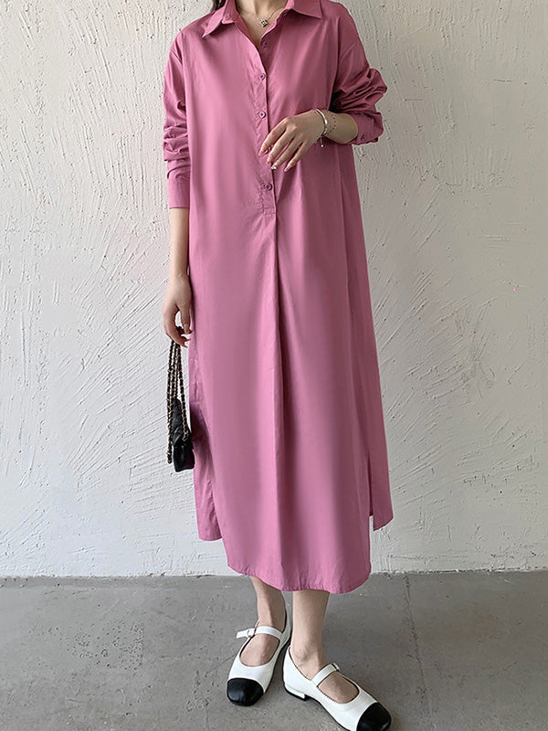 Urban Loose Solid Color Lapel Collar Shirt Midi Dresses