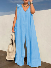 Pleated Solid Color Zipper Loose Sleeveless V-Neck Jumpsuits