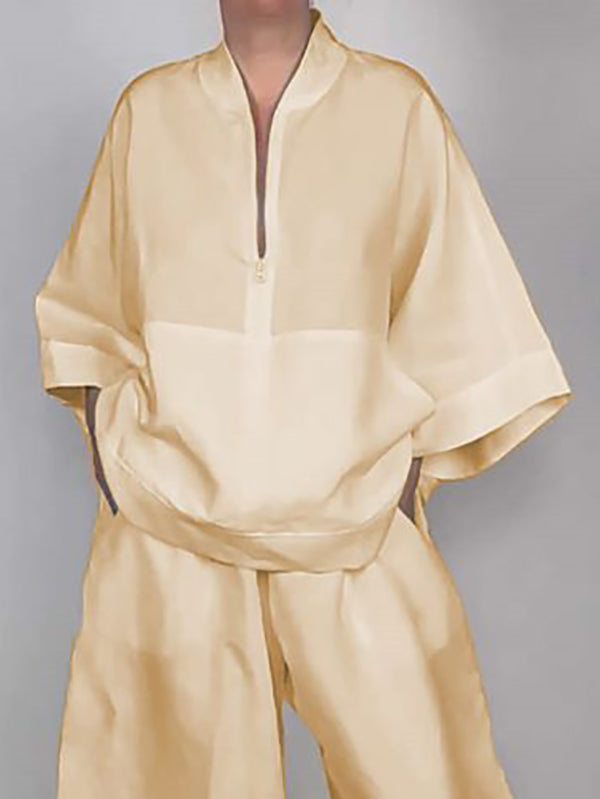 Long Sleeves Loose Solid Color Zipper V-Neck Shirts Tops