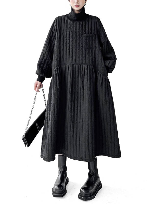 Embossed Pockets Quilted Solid Color Split-Joint A-Line Long Sleeves High Neck Sweater Dresses Midi Dresses