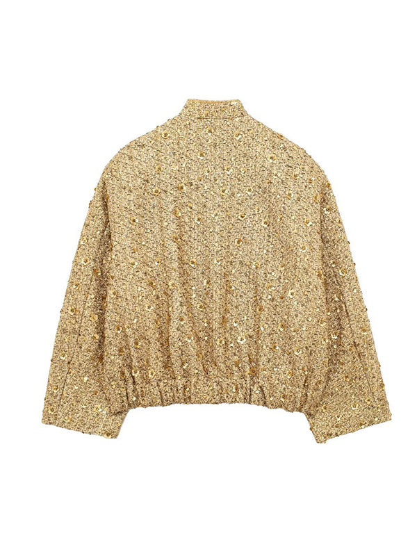 Elasticity Sequined Split-Joint Long Sleeves Loose Stand Collar Outerwear