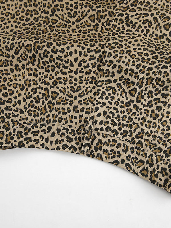 Leopard Printed Split-Joint High Waisted Loose Trousers Pants