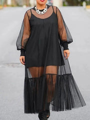 Loose Puff Sleeves Gauze Pleated Solid Color Outer Maxi Dress + Spaghetti-neck Mini Dress Two Pieces Set