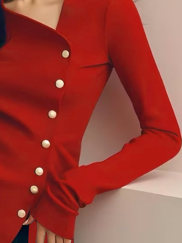 Buttoned Pleated Solid Color Long Sleeves Skinny T-Shirts Tops