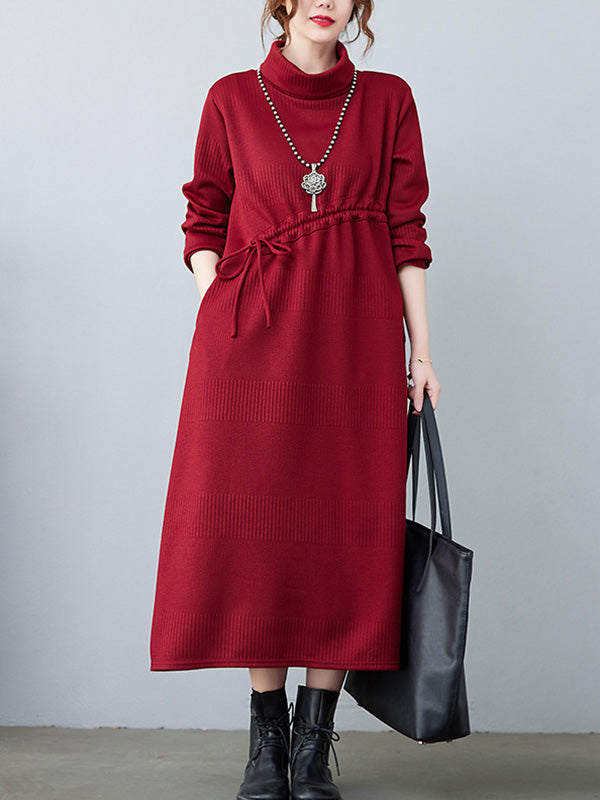 Casual Loose Solid Color Drawstring High-Neck Long Sleeves Sweater Dress
