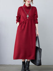Casual Loose Solid Color Drawstring High-Neck Long Sleeves Sweater Dress