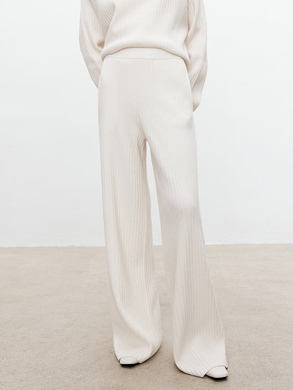 Solid Color Long Sleeves High-Neck Sweater Top + Wide Leg Pants Bottom Two Pieces Set