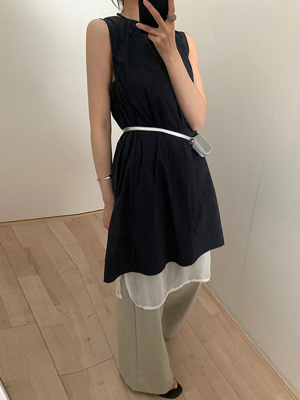 Pleated Solid Color Split-Joint Loose Sleeveless Round-Neck Mini Dresses
