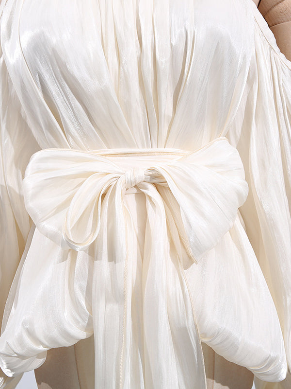 Pleated Solid Color Tied Long Sleeves Loose Halter-Neck Blouses&Shirts Tops