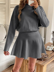 Elasticity Solid Color A-line High Waisted Round-neck Sweater Dresses Mini Dresses