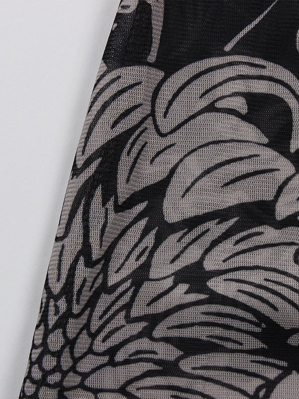 Printed See-Through Split-Joint Long Sleeves Skinny High Neck Maxi Dresses Evening Dresses