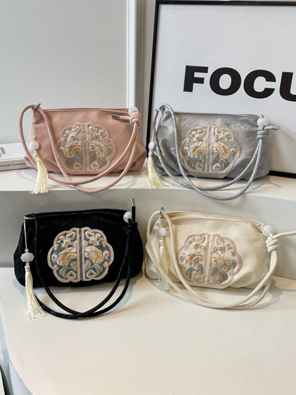 Embroidered Pleated Tasseled Zipper Crossbody Bags