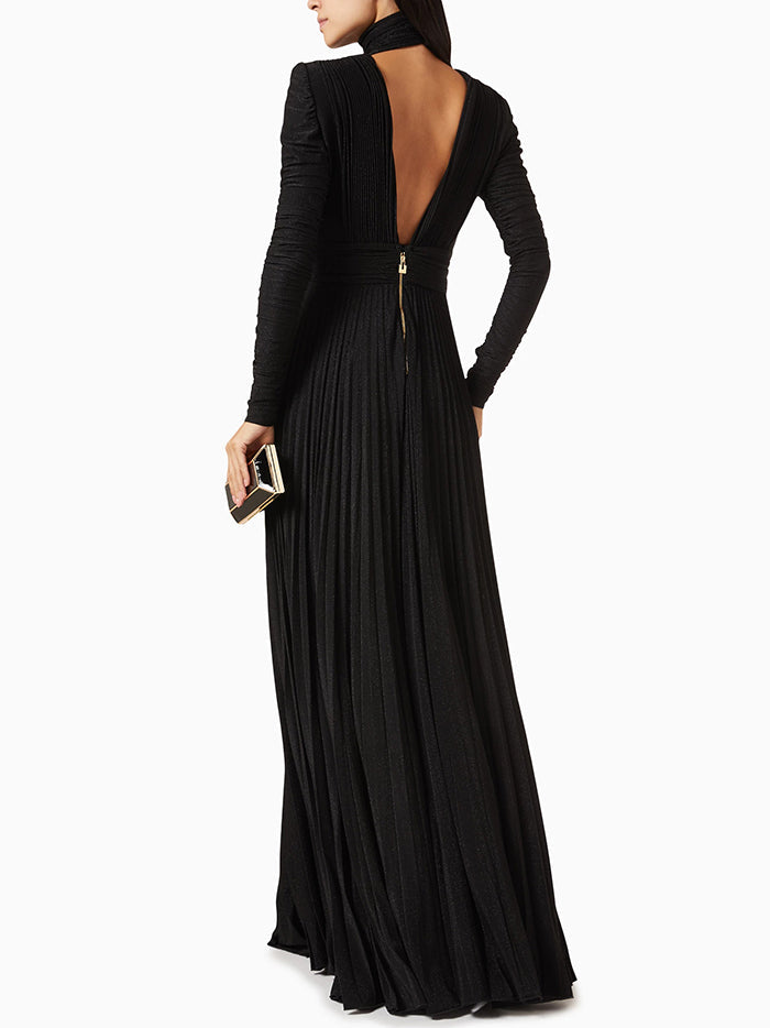 Long Sleeves Pleated Solid Color Split-Side V-Back High-Neck Evening Dresses Maxi Dresses