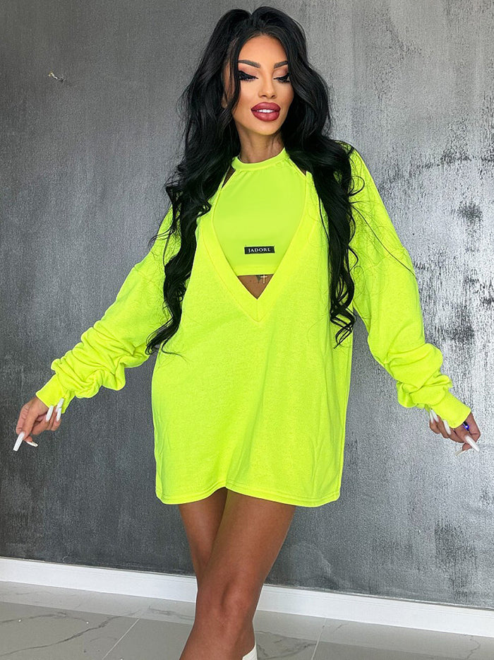 Loose Solid Color Round-neck Mini Dresses & Vest Top Two Pieces Set