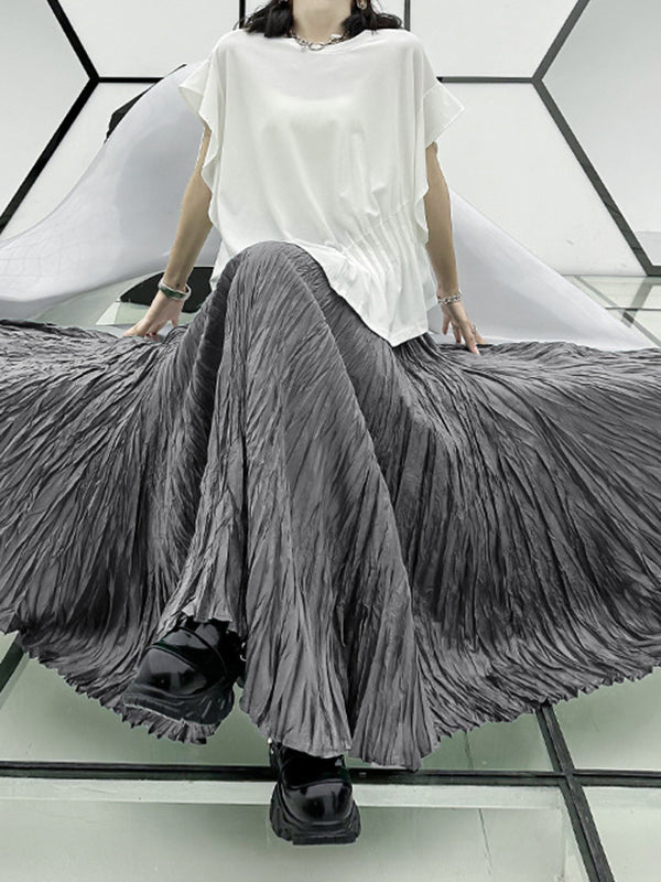 High-Waisted Pleated Solid Color A-Line Irregular Clipping Skirts