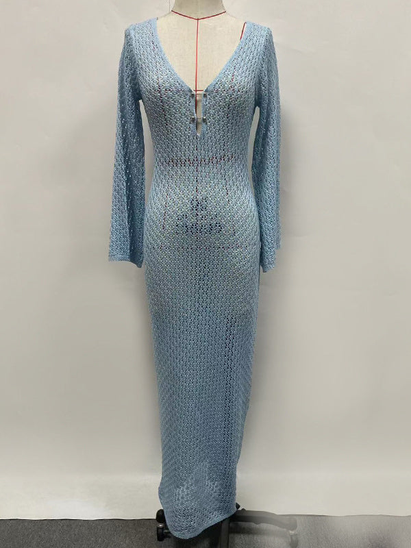 Hollow See-Through Smocked Solid Color Sun protection Loose Deep V-Neck Maxi Dresses Beach Cover-Up