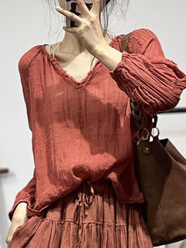 Pleated Solid Color Long Sleeves Loose V-neck Blouses&shirts Tops