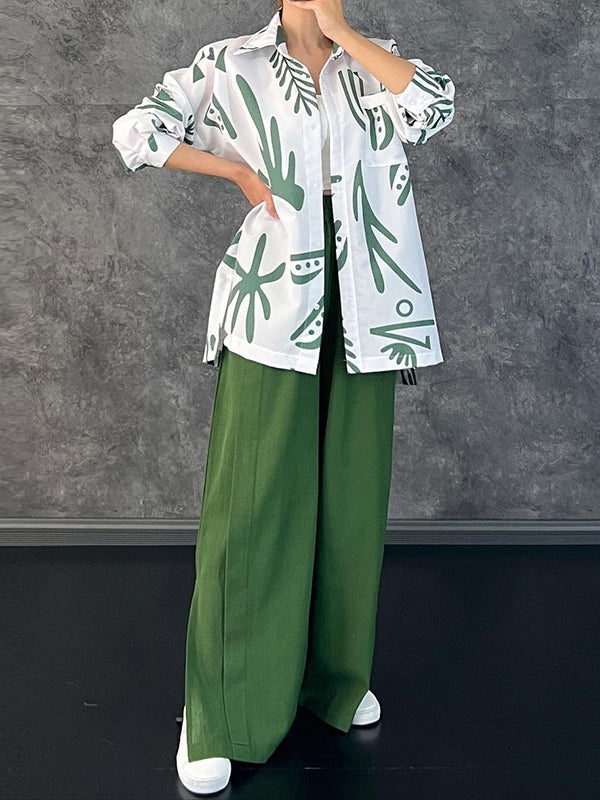 Lapel Printed High-Low Buttoned Pockets Blouse+ High Waisted Elasticity Pleated Split-Side Pants Two Pieces Set