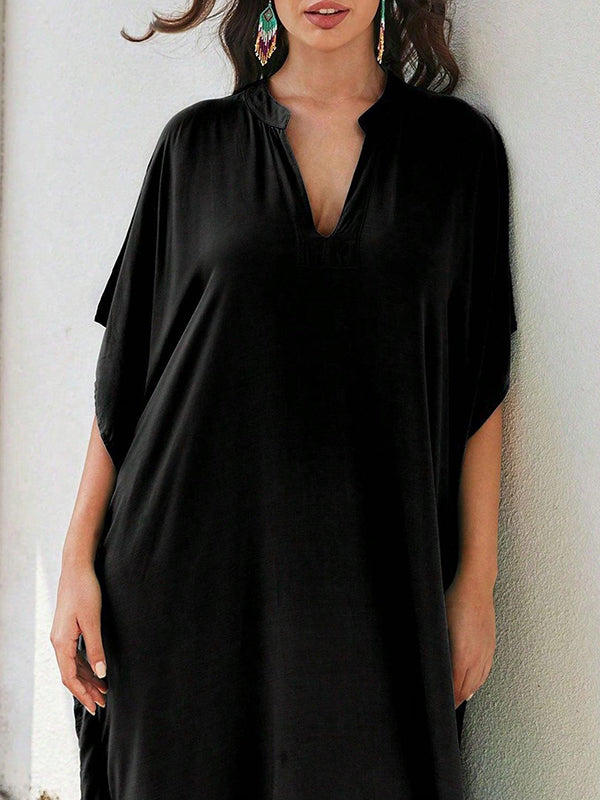 Solid Color Split-Side Sun Protection Batwing Sleeves Half Sleeves V-Neck Maxi Dresses Beach Cover-Up