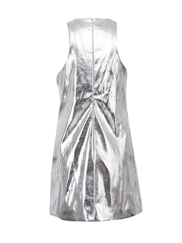 Shiny Solid Color Zipper A-line Loose Round-neck Mini Dresses