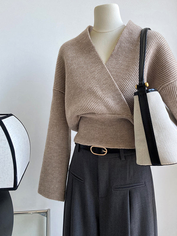 Casual Long Sleeves Loose Solid Color Cross V-Neck Sweater Tops
