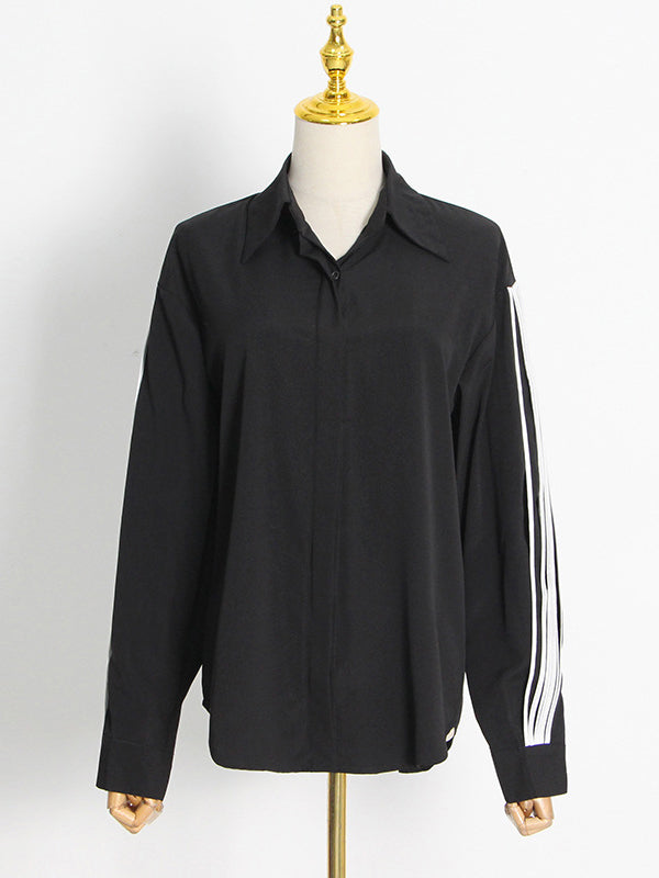 Buttoned Contrast Color Long Sleeves Loose Lapel Blouses&Shirts Tops