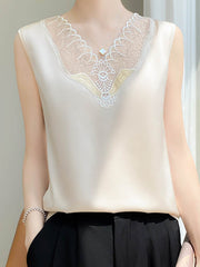 Embroidered Mesh Split-Joint Loose Sleeveless V-Neck Vest Top