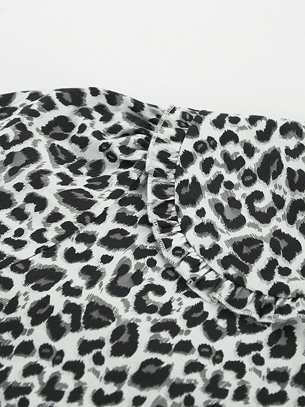 Leopard Printed Split-Joint Loose Puff Sleeves Peter Pan Collar Blouses&Shirts Tops