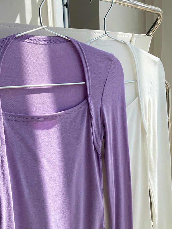 Simple Solid Color Square-Neck Long Sleeves False Two Base Shirt