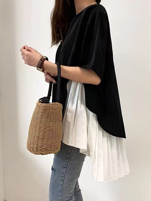 Pleated Split-Joint High-Low Loose Round-Neck T-Shirts Tops