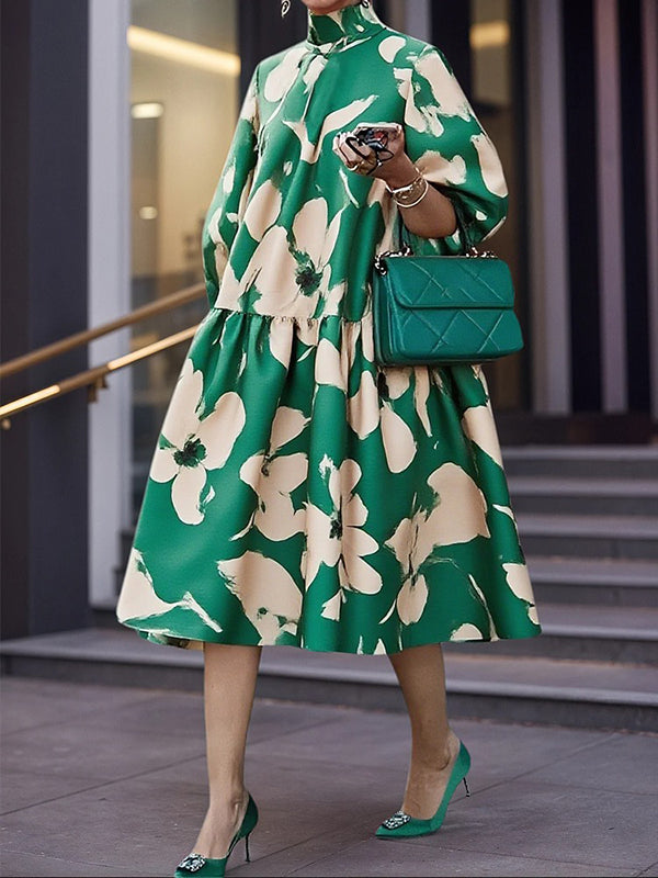 Flower Print Half Sleeves Loose High Neck Midi Dresses