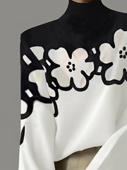 Flower Print Flared Sleeves Loose High Neck T-Shirts Tops