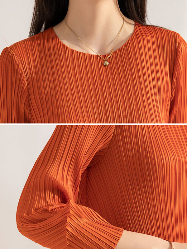 Pleated Solid Color Irregular clipping Loose Round-neck Midi Dresses