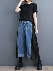 Elasticity Pleated Split-Joint High Waisted Loose Jean Pants Bottoms