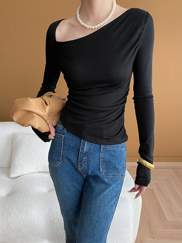 Solid Color Long Sleeves Skinny Asymmetric Collar T-Shirts Tops