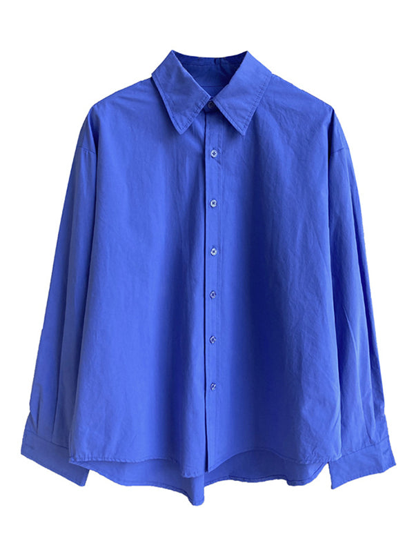 Simple Loose Long Sleeves Buttoned Solid Color Lapel Collar Blouses&Shirts Tops