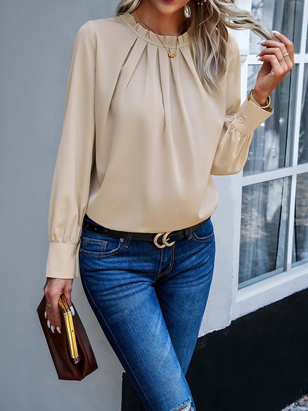 Pleated Solid Color Split-Joint Loose Puff Sleeves Round-Neck Blouses
