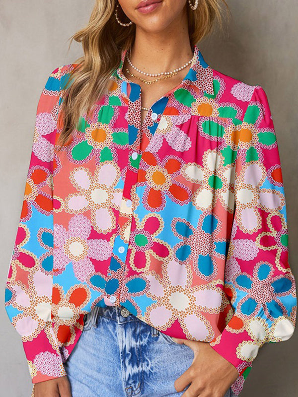 Flower Print Pleated Split-Joint Loose Puff Sleeves Lapel Blouses