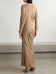 Pleated Solid Color Split-Joint Long Sleeves Skinny Round-neck Maxi Dresses