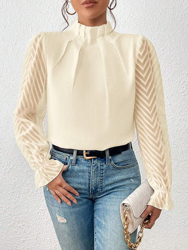 Elasticity Mesh Pleated Solid Color Long Sleeves Loose Mock Neck Blouses&Shirts Tops