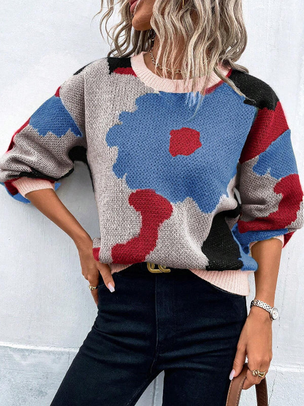 Asymmetric Knitted Flower Split-Joint Loose Puff Sleeves Round-Neck Sweater Tops