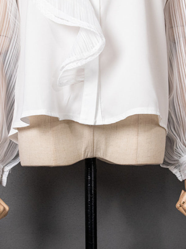 Asymmetric Buttoned See-Through Solid Color Split-Joint Long Sleeves Loose Stand Collar Blouses&shirts Tops