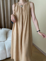 Pleated Solid Color A-Line Loose Round-Neck Midi Dresses