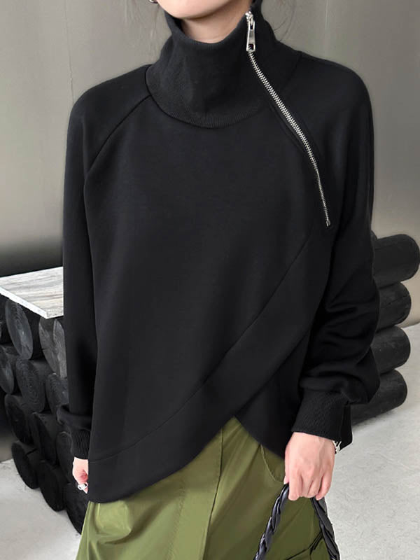 Asymmetric Split-Joint Zipper Long Sleeves Loose High Neck Sweatshirt Tops